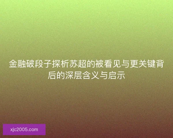 金融破段子探析苏超的被看见与更关键背后的深层含义与启示